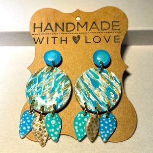NWT!! Handmade Boutique Chandelier Earrings in teal, gold, blue & white!